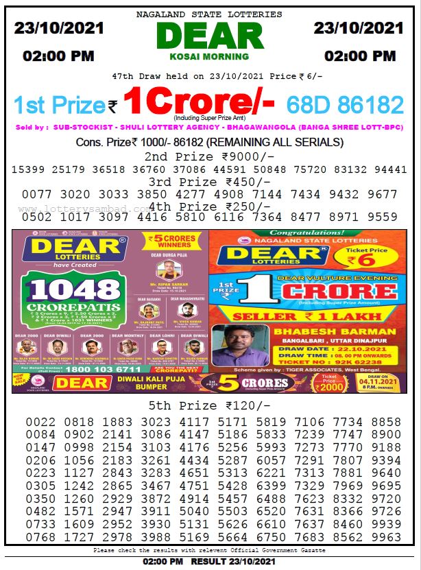 Daer Lottery Nagaland State Lottery Today 2:00 PM 23.10.2021