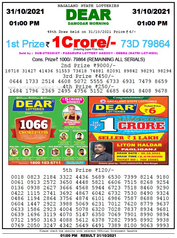Dear Lottery Nagaland State Lottery Today 1:00 PM 31.10.2021