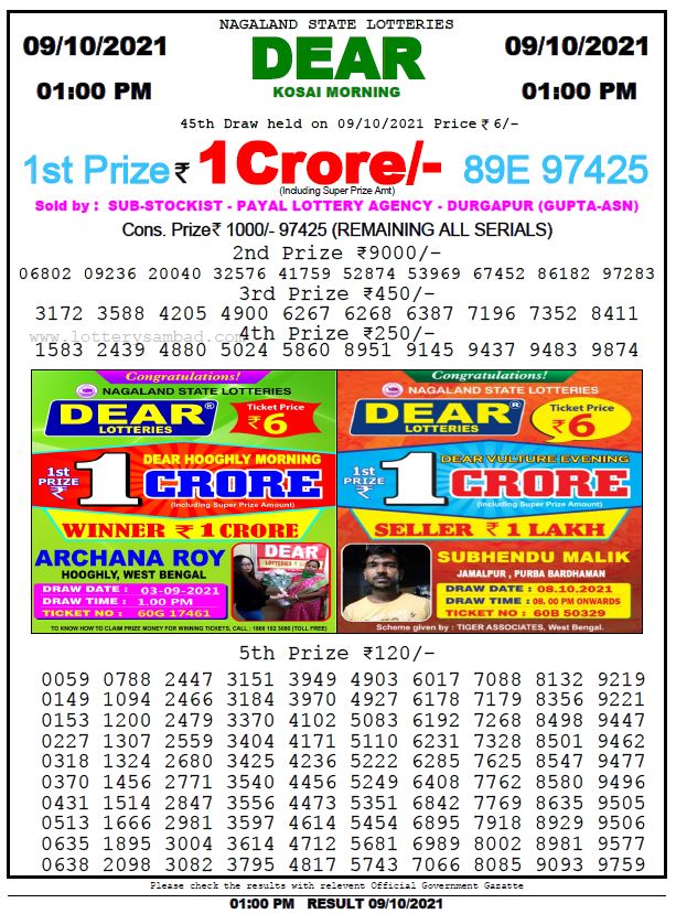 dear lottery Nagaland State Lottery Today 1:00 PM 09-10-2021