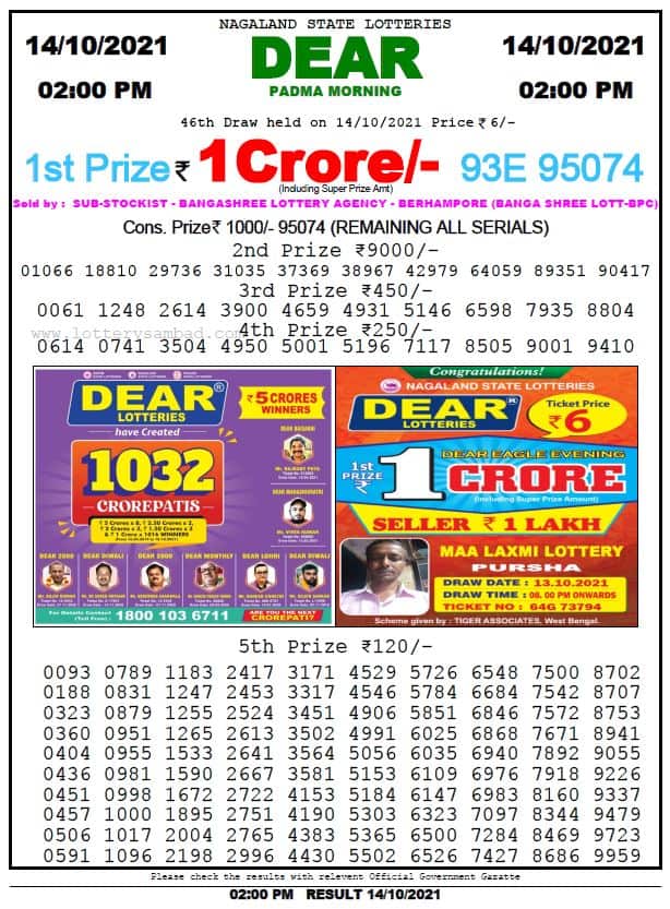 dear lottery Nagaland State Lottery Today 2:00 PM 14-10-2021