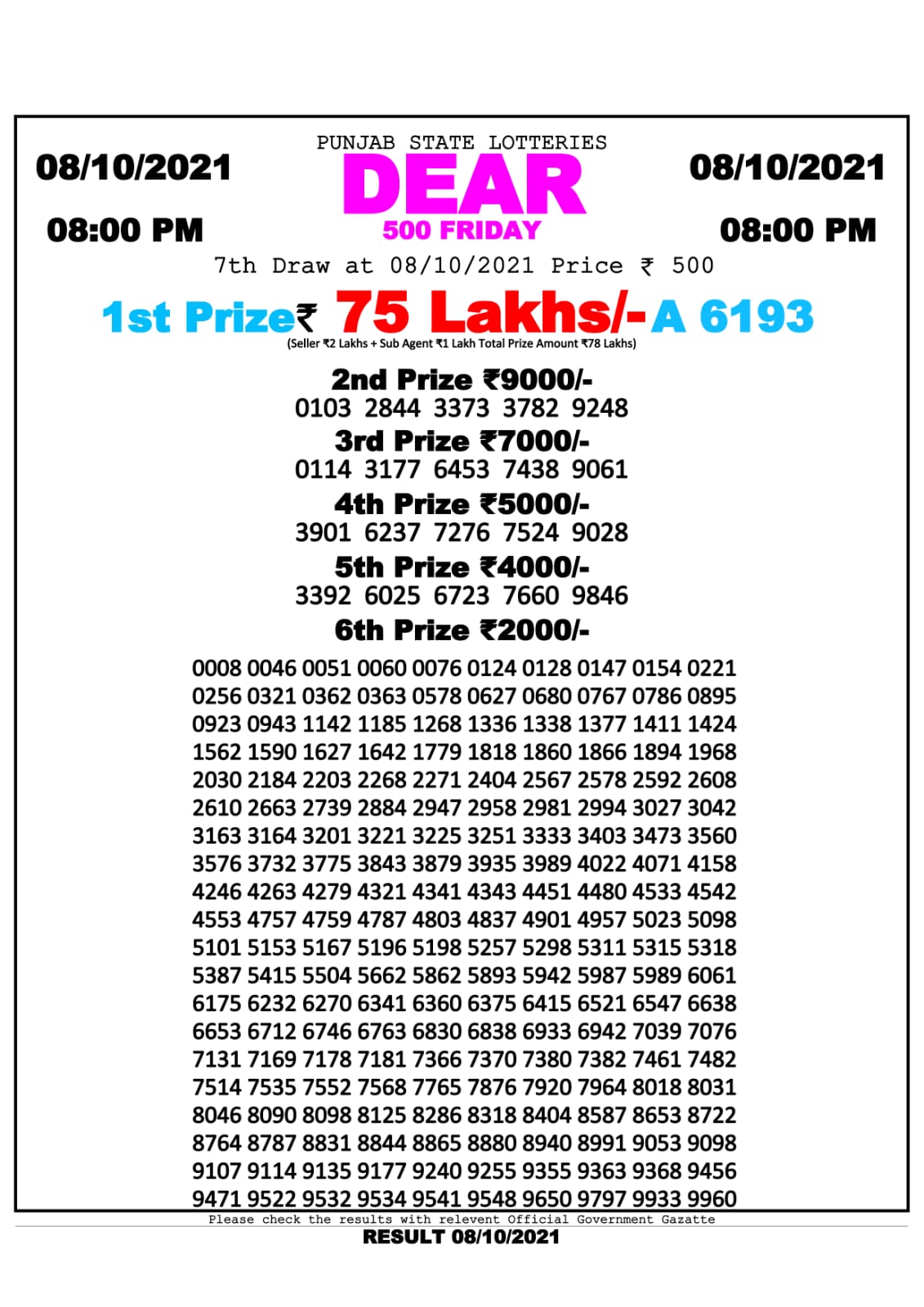 dear weekly lottery 8:00 PM