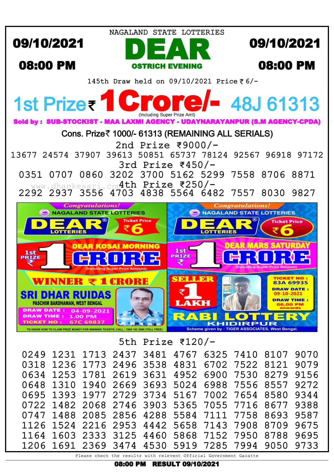 dear lottery Nagaland State Lottery Today 8:00 PM 09-10-2021