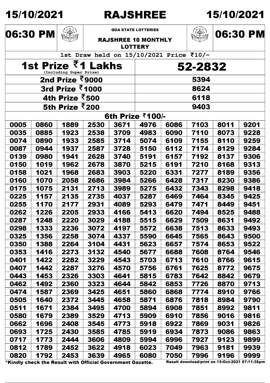 RAJSHREE 10 MONTHLY LOTTERY 6.30 pm 15-10-2021
