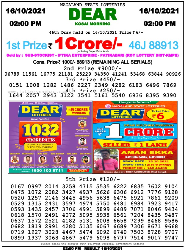 Dear Lottery Nagaland State Lottery Today 2:00 PM 16-10-2021