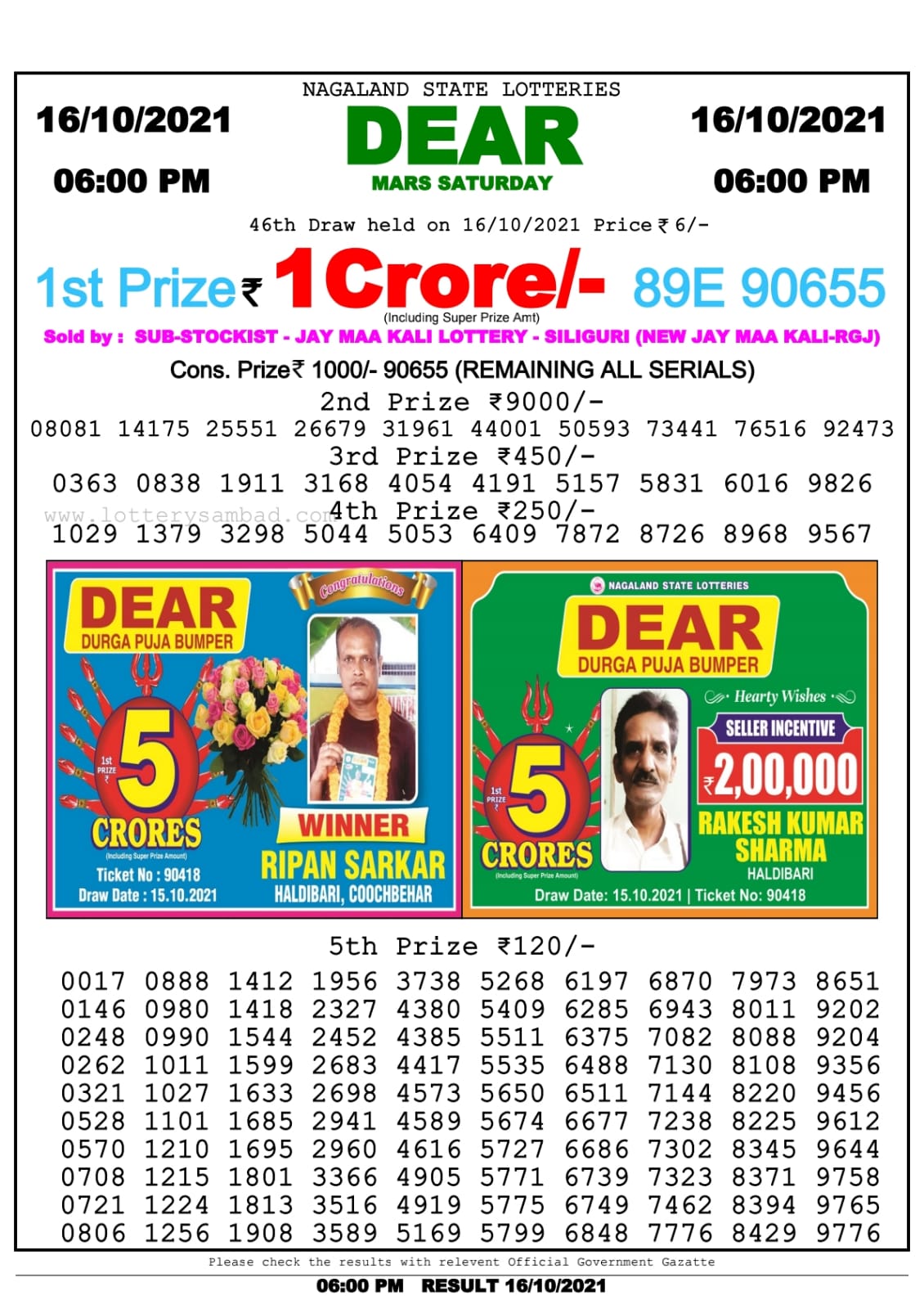 Dear Lottery Nagaland State Lottery Today 6:00 PM 16-10-2021