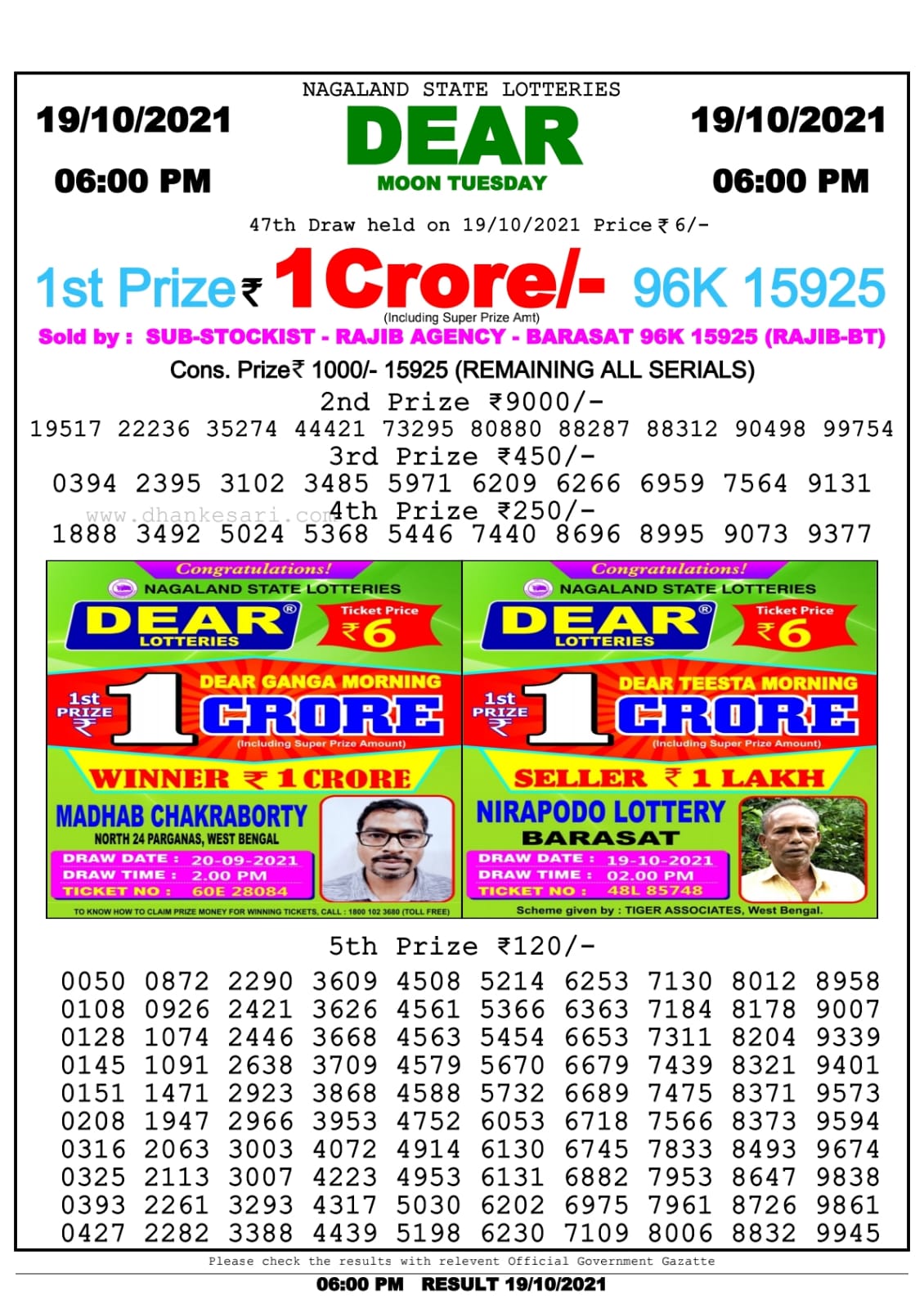 Dear Lottery Nagaland State Lottery Today 6:00 PM 19-10-2021