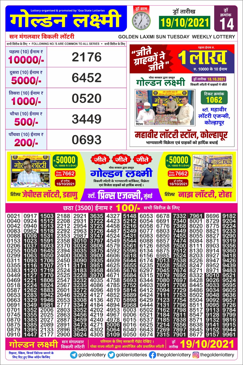 Golden Laxmi Lottery Results 7PM 19-10-2021