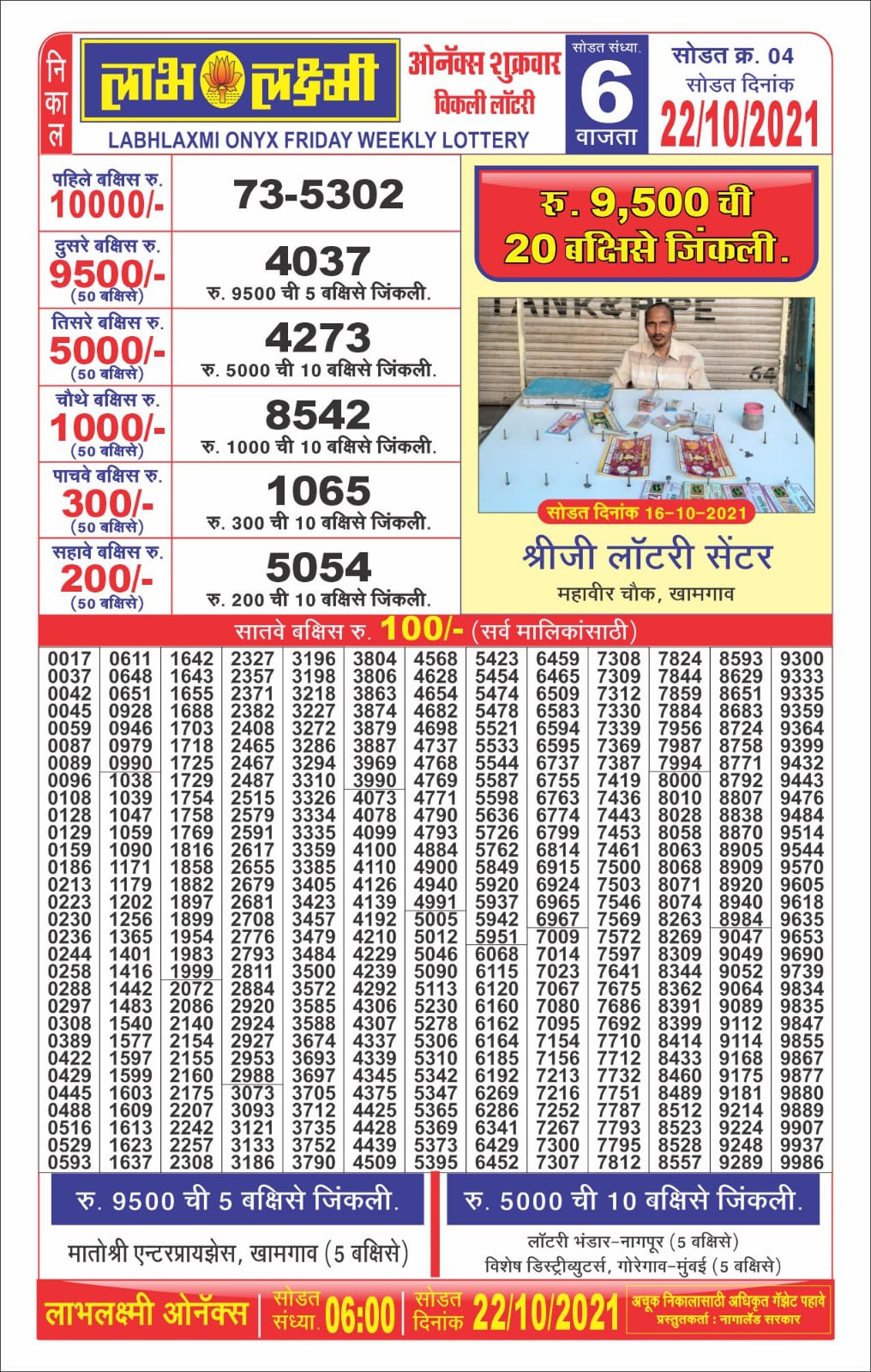 Labhlaxmi 6pm Lottery Result 22.10.2021