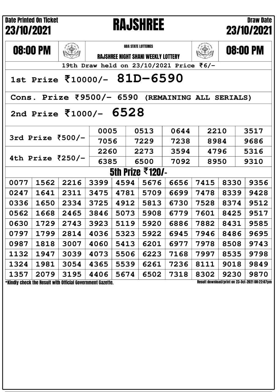 Rajshree night shani Weekly Lottery Result 8pm  23.10.2021
