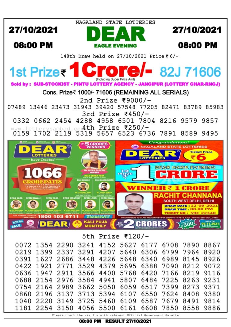 Dear Lotter Nagaland State Lottery Today 8:00 PM 27-10-2021