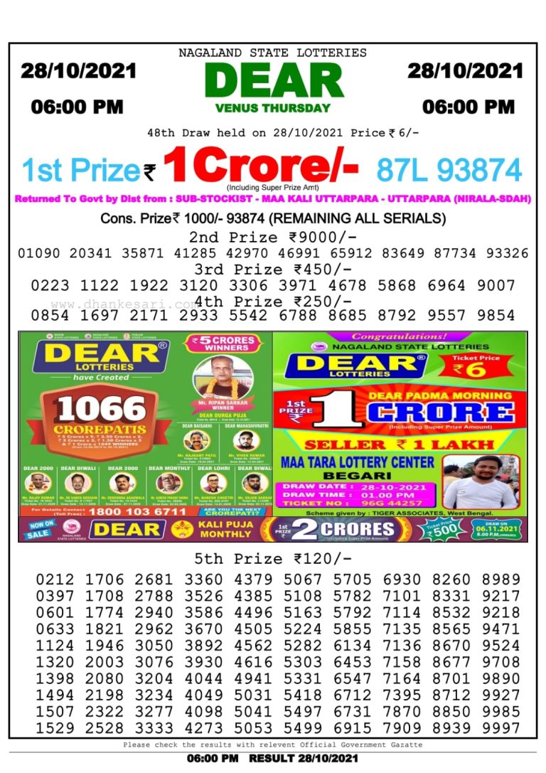 Dear Lotter Nagaland State Lottery Today 6:00 PM 28-10-2021