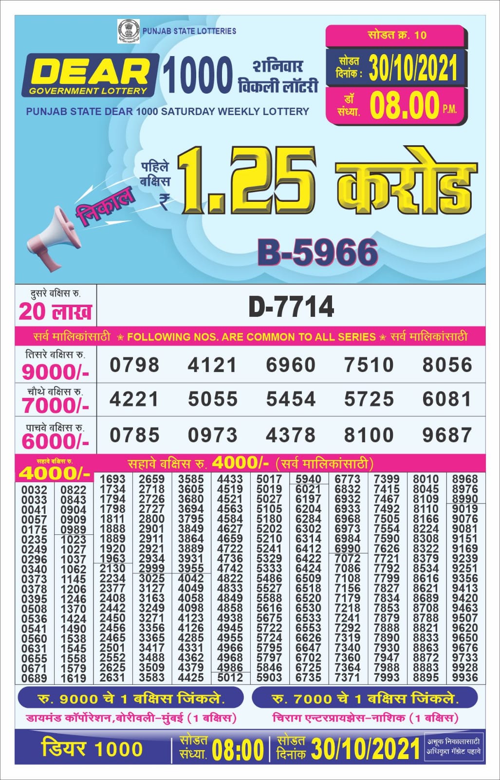 Dear 1000 Weekly lottery result 30.10.2021