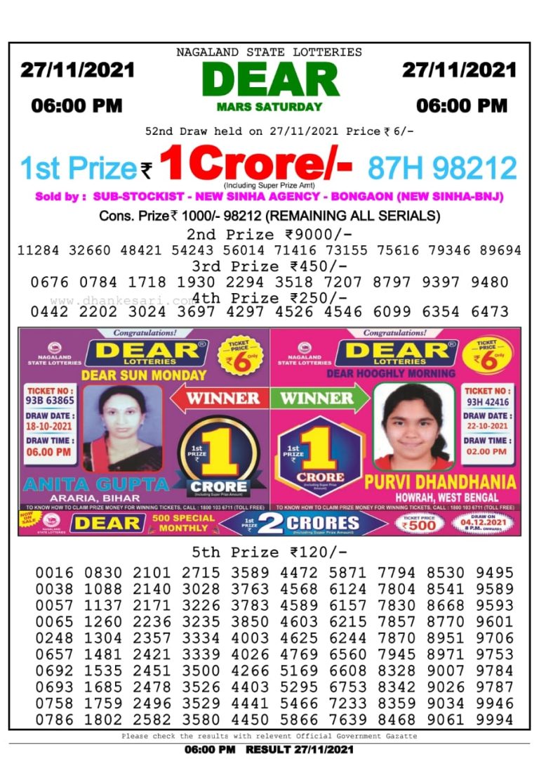 Dear Lottery Nagaland State Lottery Today 6:00 PM 27-11-2021