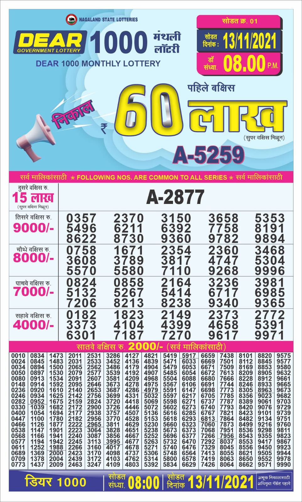 Dear 1000 Monthly Lottery Result – 13.11.2021