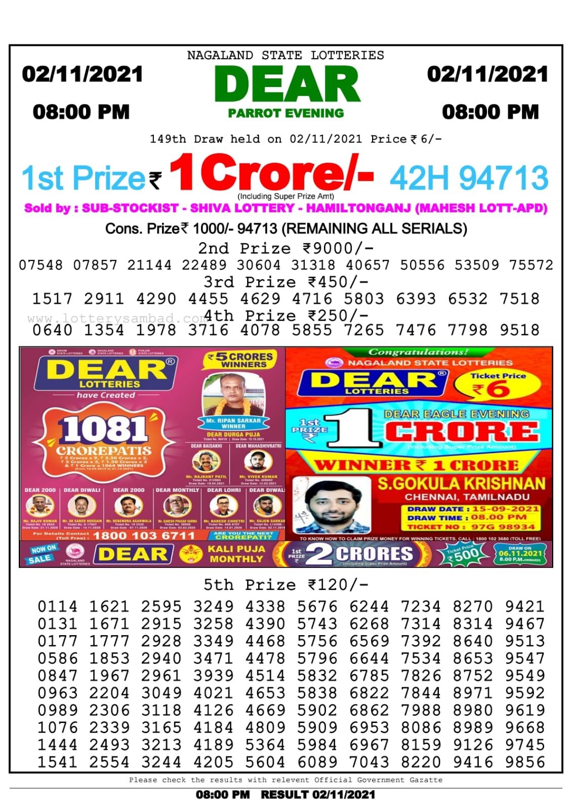Dear Lottery Nagaland State Lottery Today 8:00 PM 02-11-2021