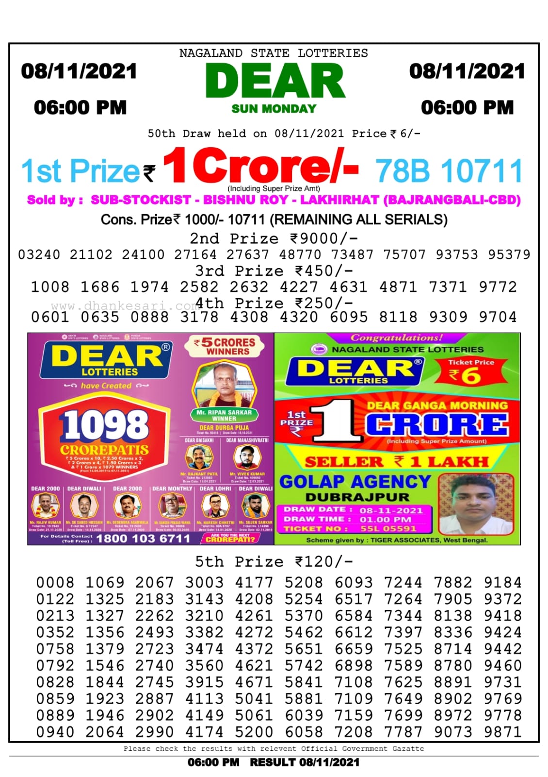 Dear Lottery Nagaland State Lottery Today 6:00 PM 08-11-2021