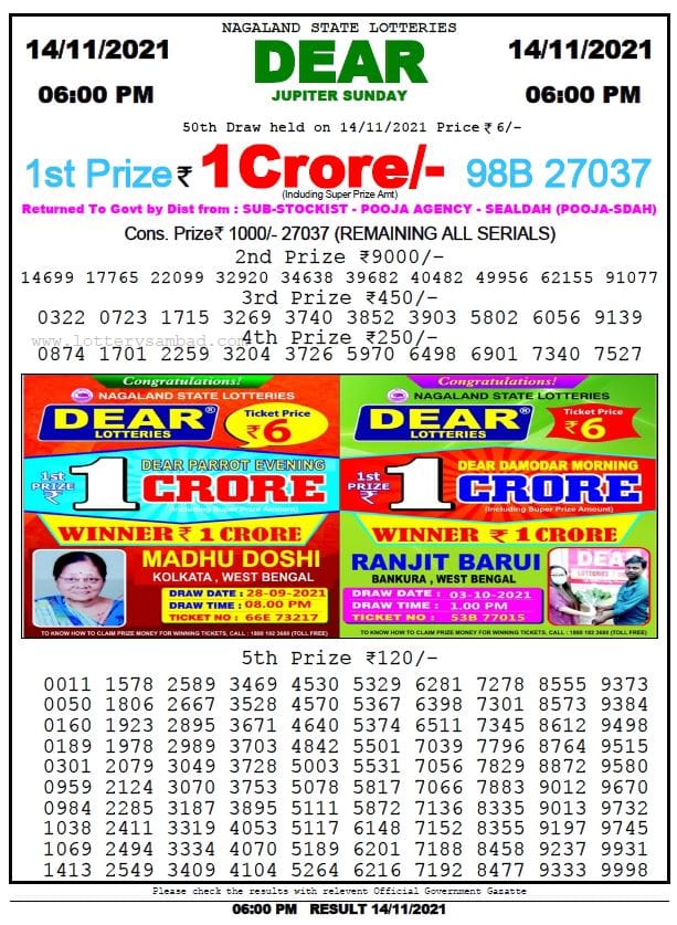 Dear Lottery Nagaland State Lottery Today 6:00 PM 14-11-2021