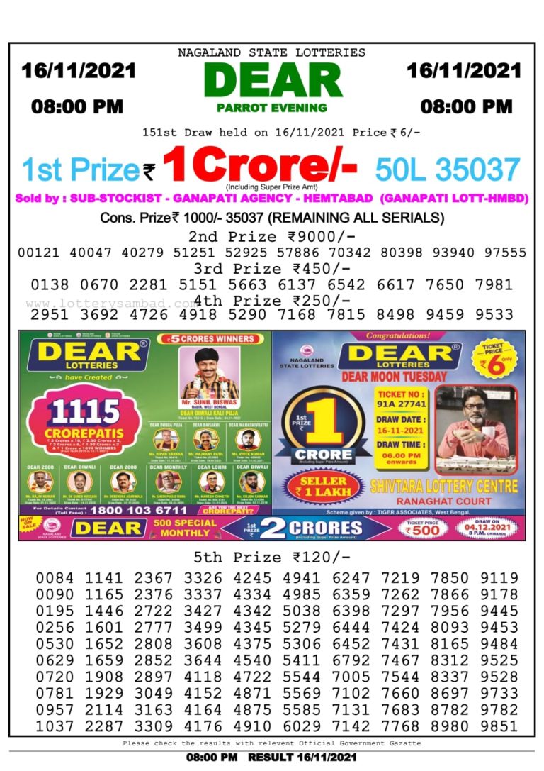 Dear Lottery Nagaland State Lottery Today 8:00 PM 16-11-2021