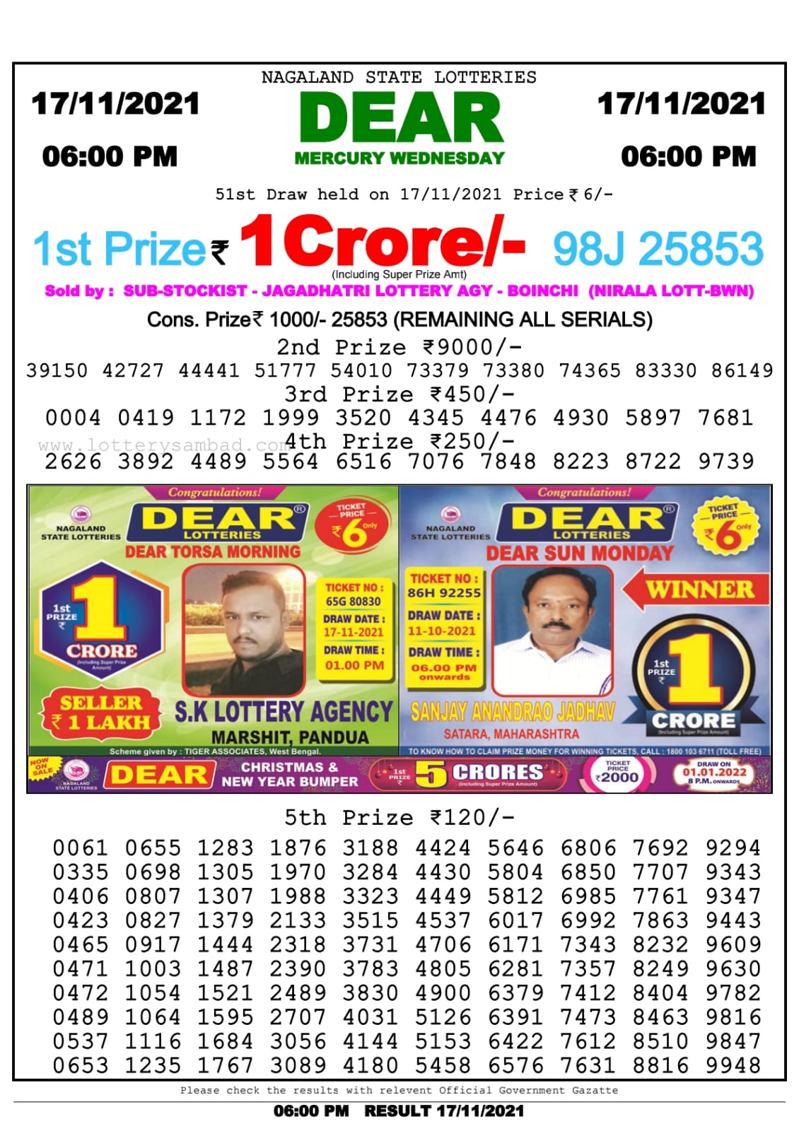 Dear Lottery Nagaland State Lottery Today 6:00 PM 17-11-2021