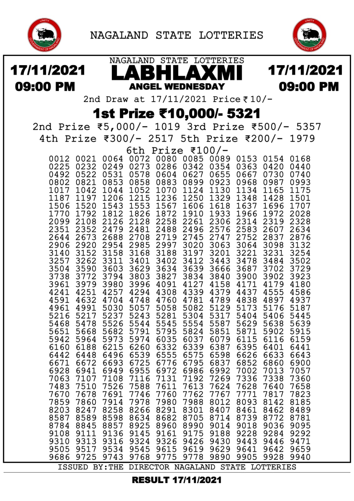 Labhlaxmi 9pm Lottery Result 17.11.2021