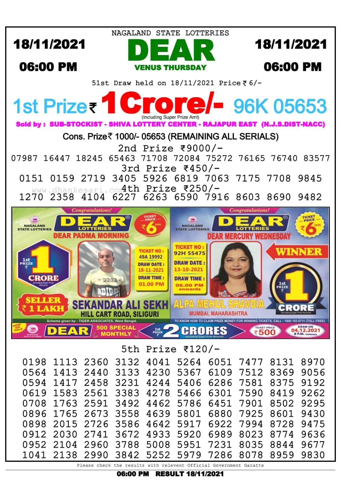 Dear Lottery Nagaland State Lottery Today 6:00 PM 18-11-2021