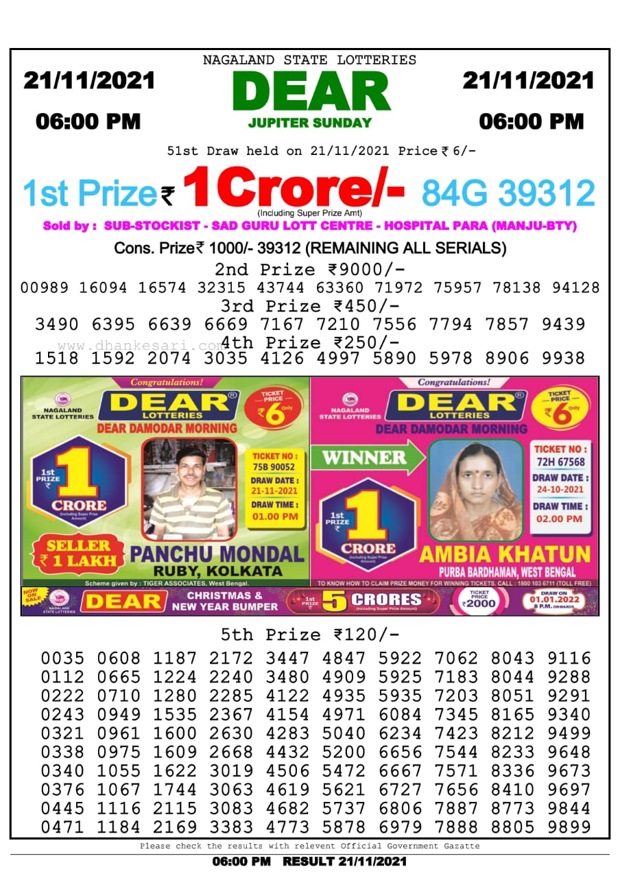 Dear Lottery Nagaland State Lottery Today 6:00 PM 21-11-2021