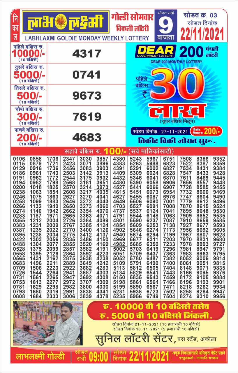 Labhlaxmi 9pm Lottery Result 22.11.2021