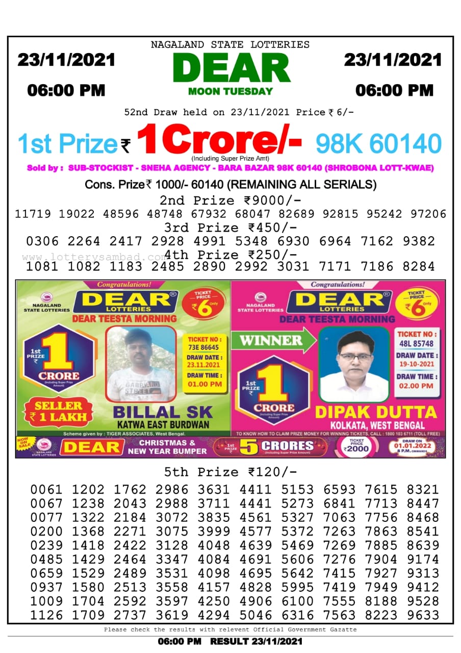 Dear Lottery Nagaland State Lottery Today 6:00 PM 23-11-2021