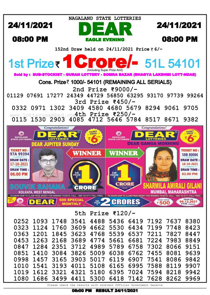 Dear Lottery Nagaland State Lottery Today 8:00 PM 24-11-2021