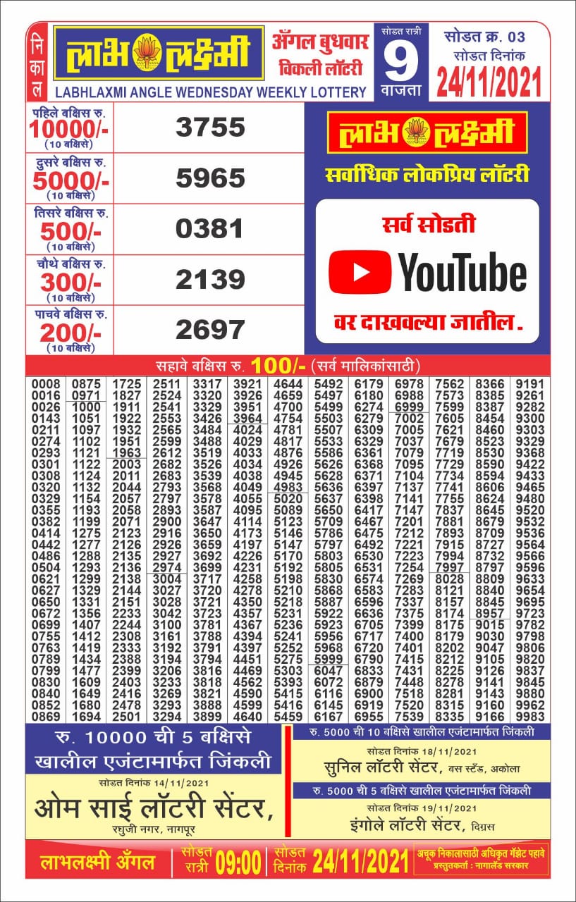 Labhlaxmi 9pm Lottery Result 24.11.2021