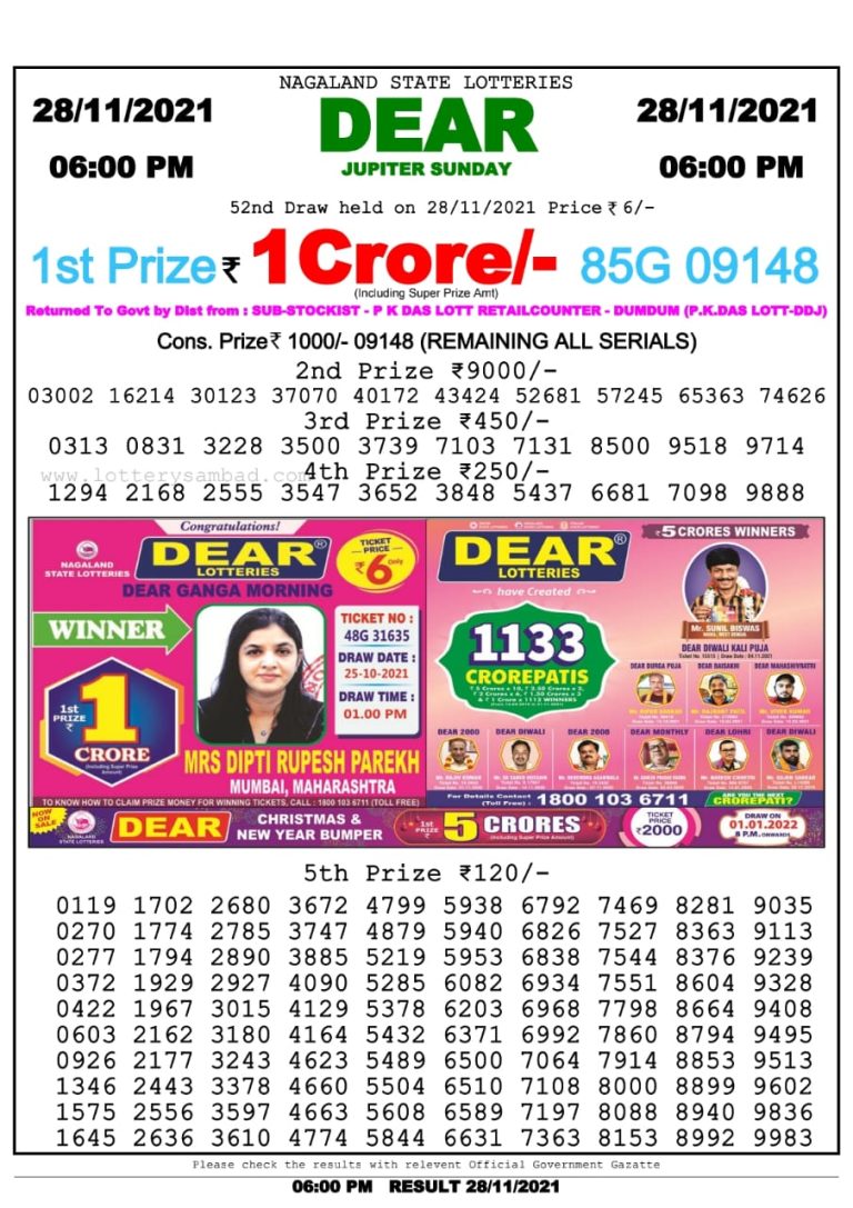 Dear Lottery Nagaland State Lottery Today 6:00 PM 28-11-2021