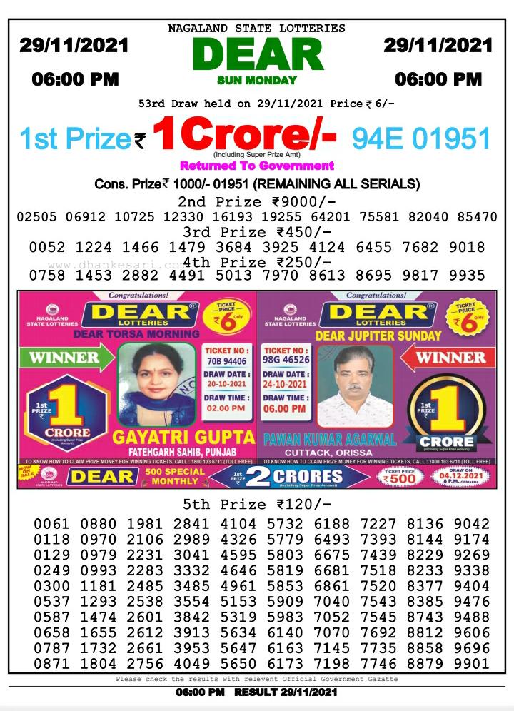 Dear Lottery Nagaland State Lottery Today 6:00 PM 29-11-2021