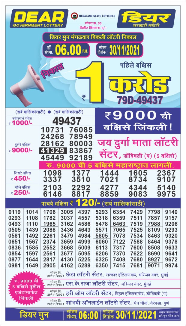 Dear Lottery Nagaland State Lottery Today 6:00 PM 30-11-2021