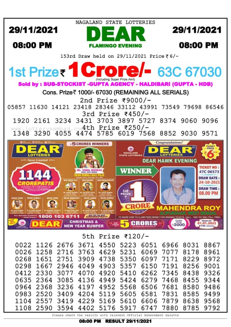 Dear Lottery Nagaland State Lottery Today 8:00 PM 29-11-2021