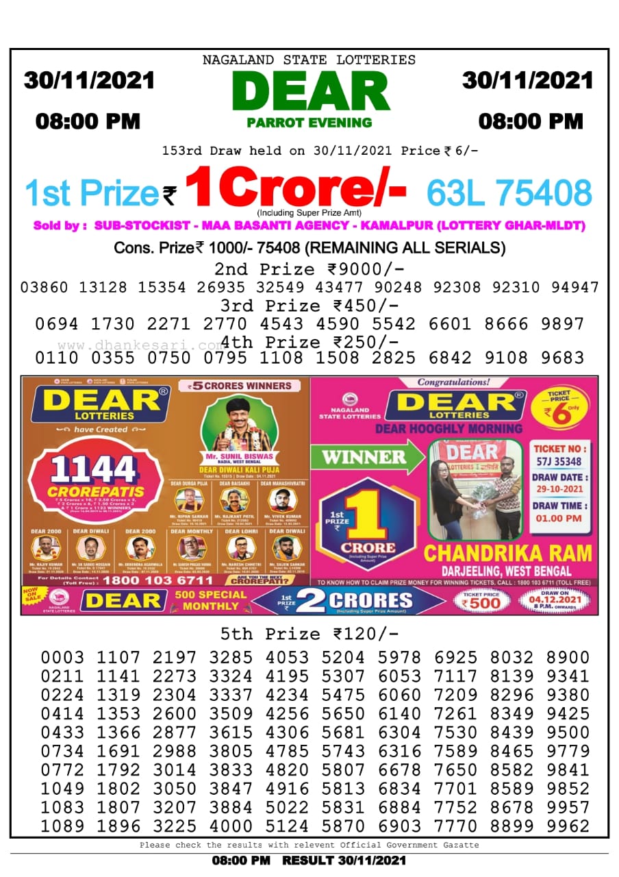 Dear Lottery Nagaland State Lottery Today 8:00 PM 30-11-2021