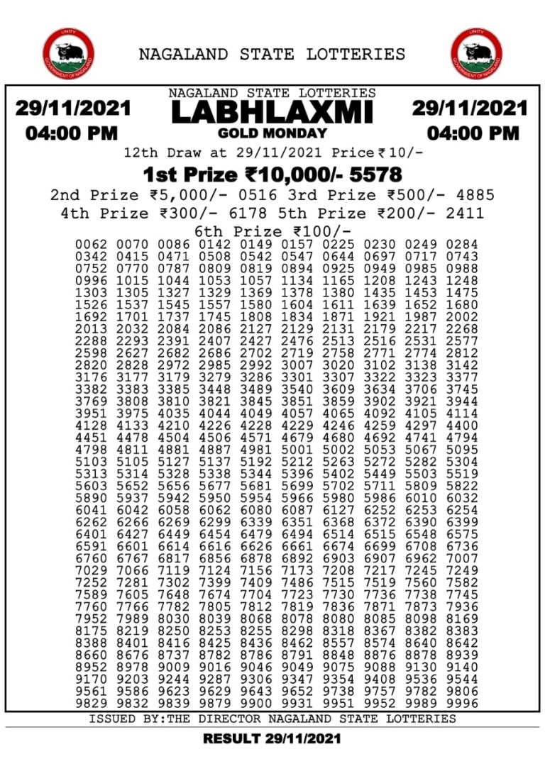 Labhlaxmi 4pm Lottery Result 29.11.2021