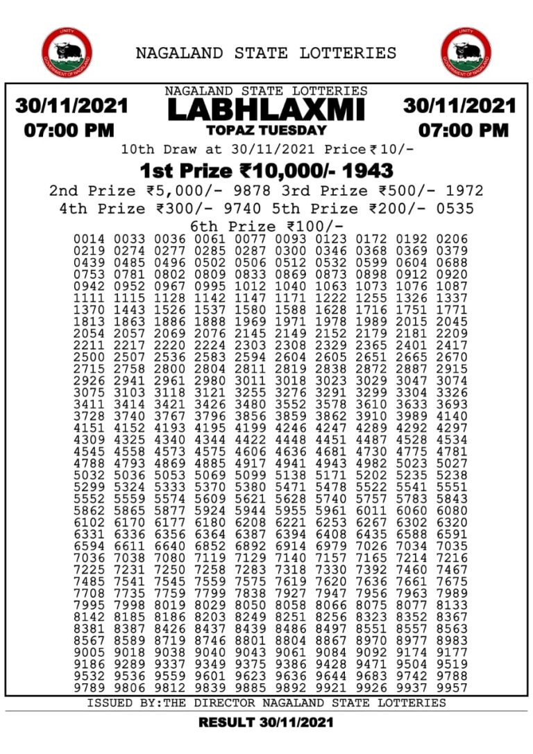Labhlaxmi 7pm Lottery Result 30.11.2021