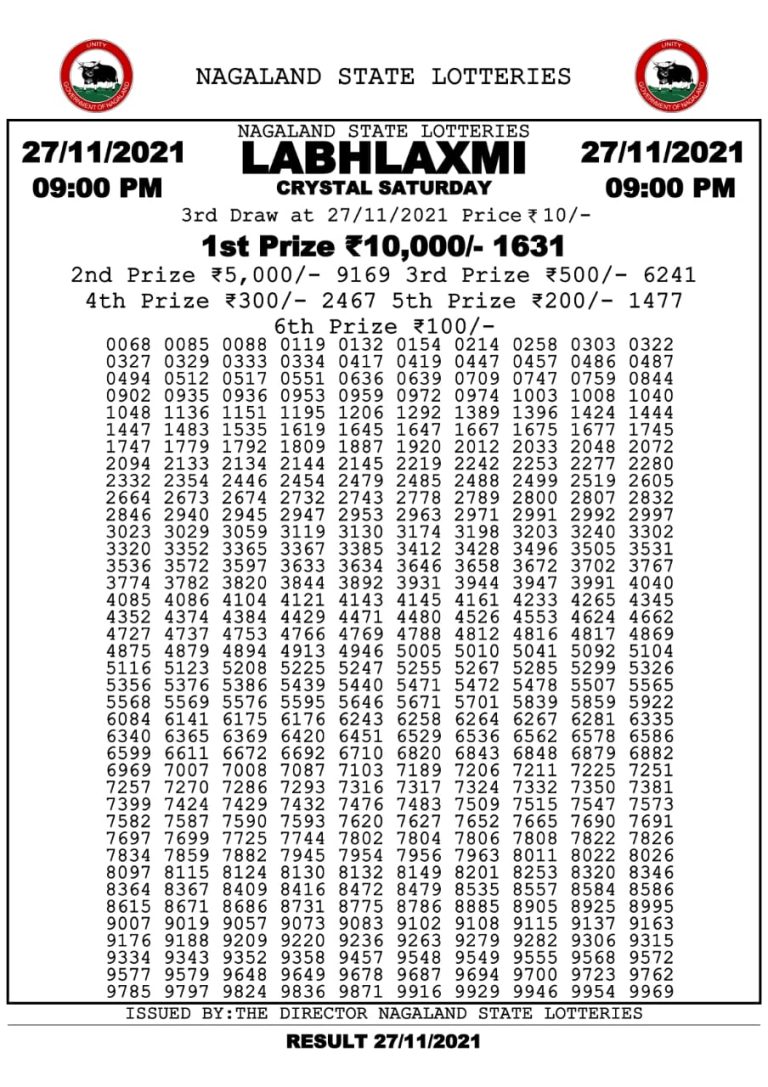 Labhlaxmi 9.00 pm Lottery Result 27.11.2021