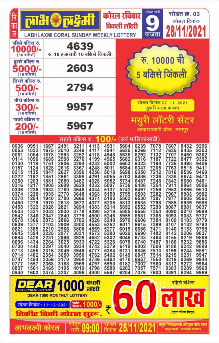 Labhlaxmi 9.00 pm Lottery Result 28.11.2021