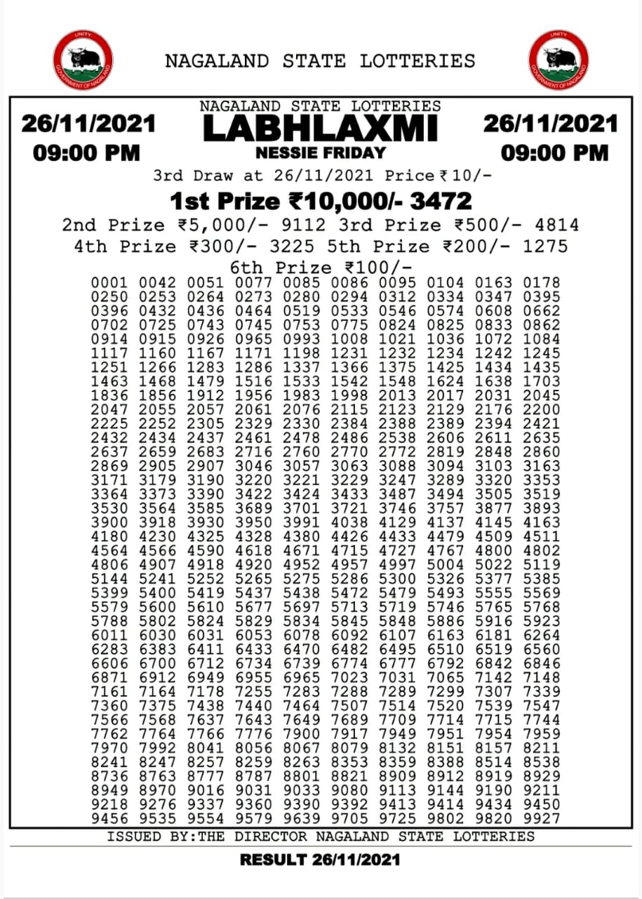 Labhlaxmi 9pm Lottery Result 26.11.2021