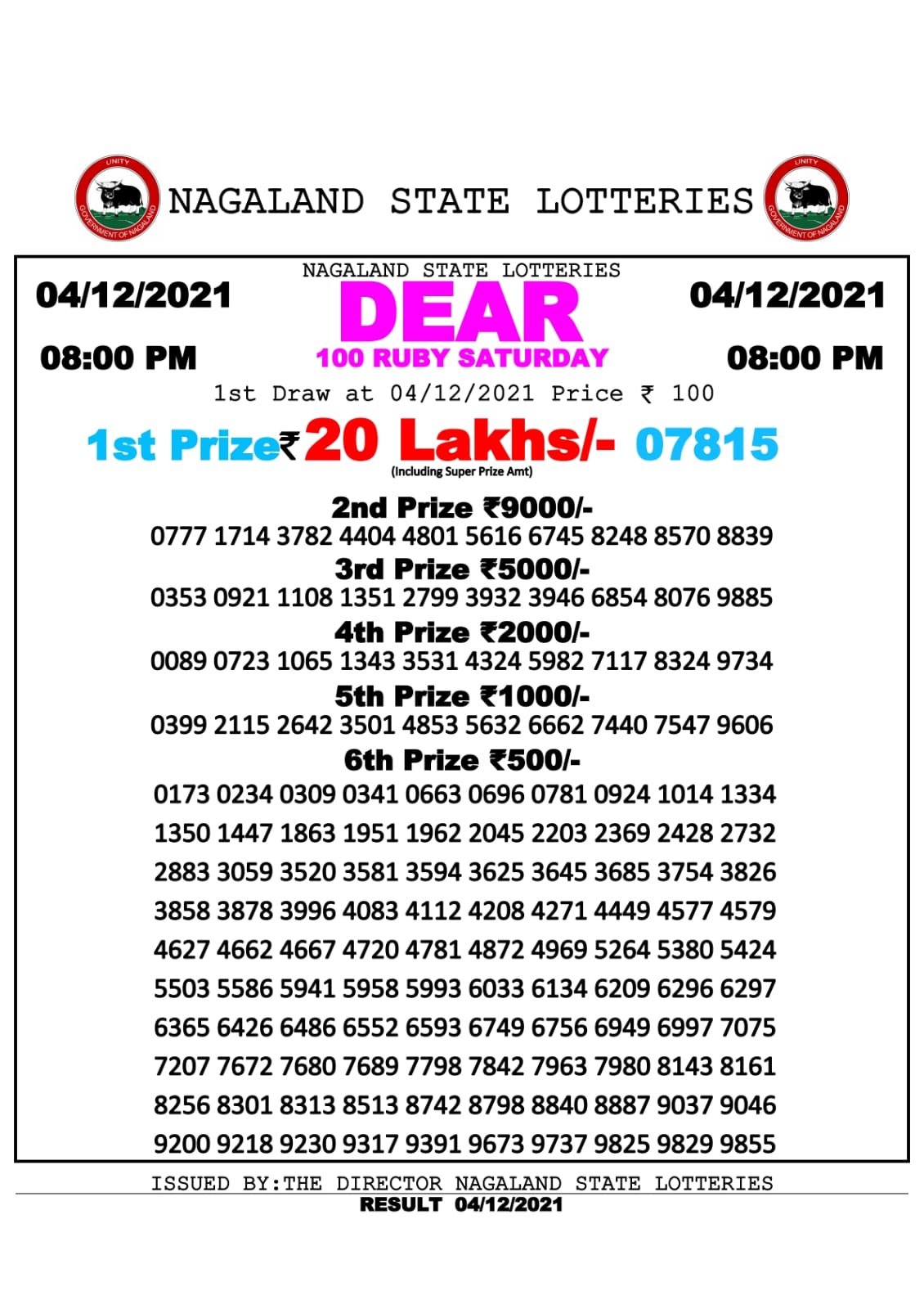 NAGALLAND STATE DEAR 100 SUPER WEEKLY LOTTERY 8 pm 04.12.2021