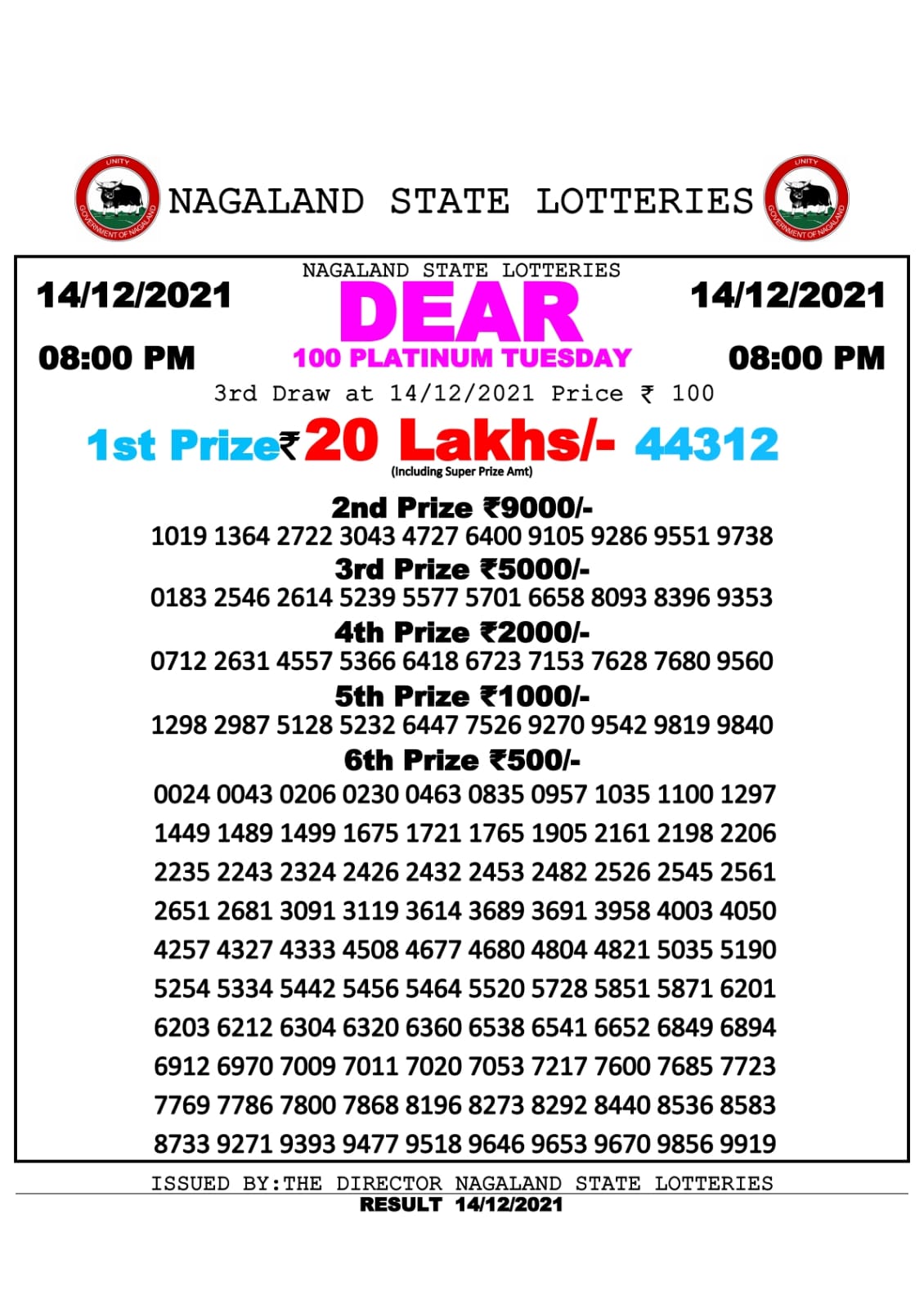 NAGALLAND STATE DEAR 100 WEEKLY LOTTERY 8 pm 14.12.2021