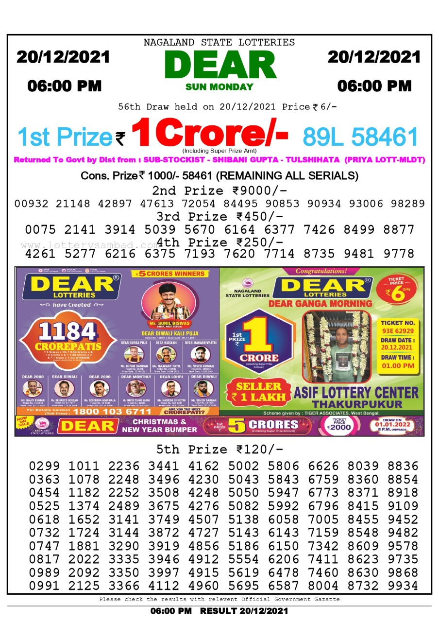 Dear Lottery Nagaland State Lottery Today 6:00 PM 20-12-2021