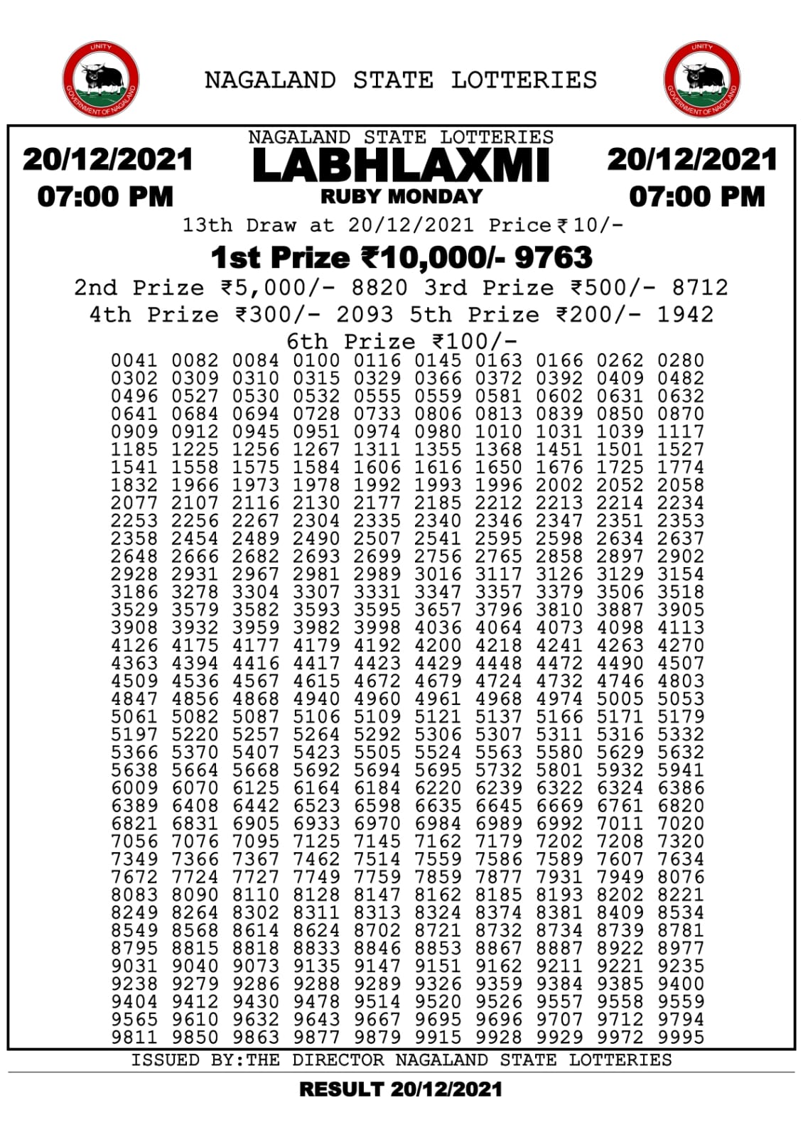 Labhlaxmi 7.00pm Lottery Result 20.12.2021