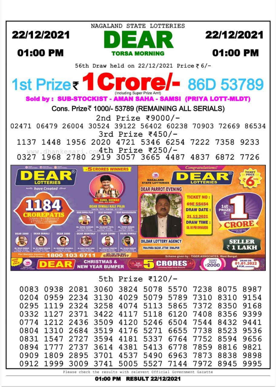 Dear Lottery Nagaland State Lottery Today 1:00 PM 22-12-2021