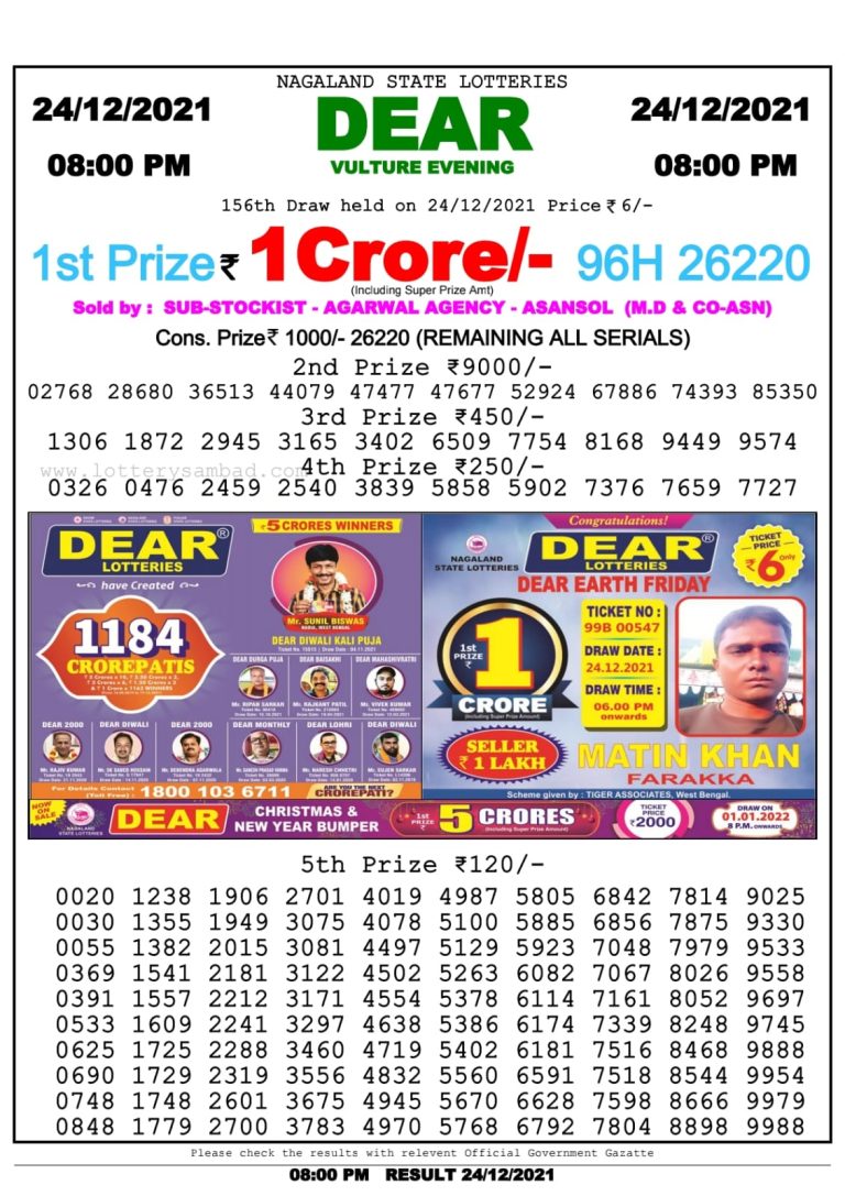 Dear Lottery Nagaland state Lottery 8.00 Pm 24/12/21