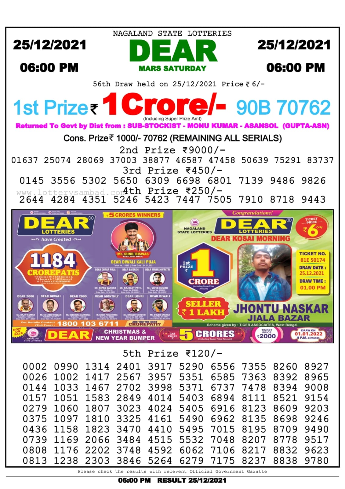 Dear Lottery Nagaland state Lottery 6.00 Pm 25/12/21