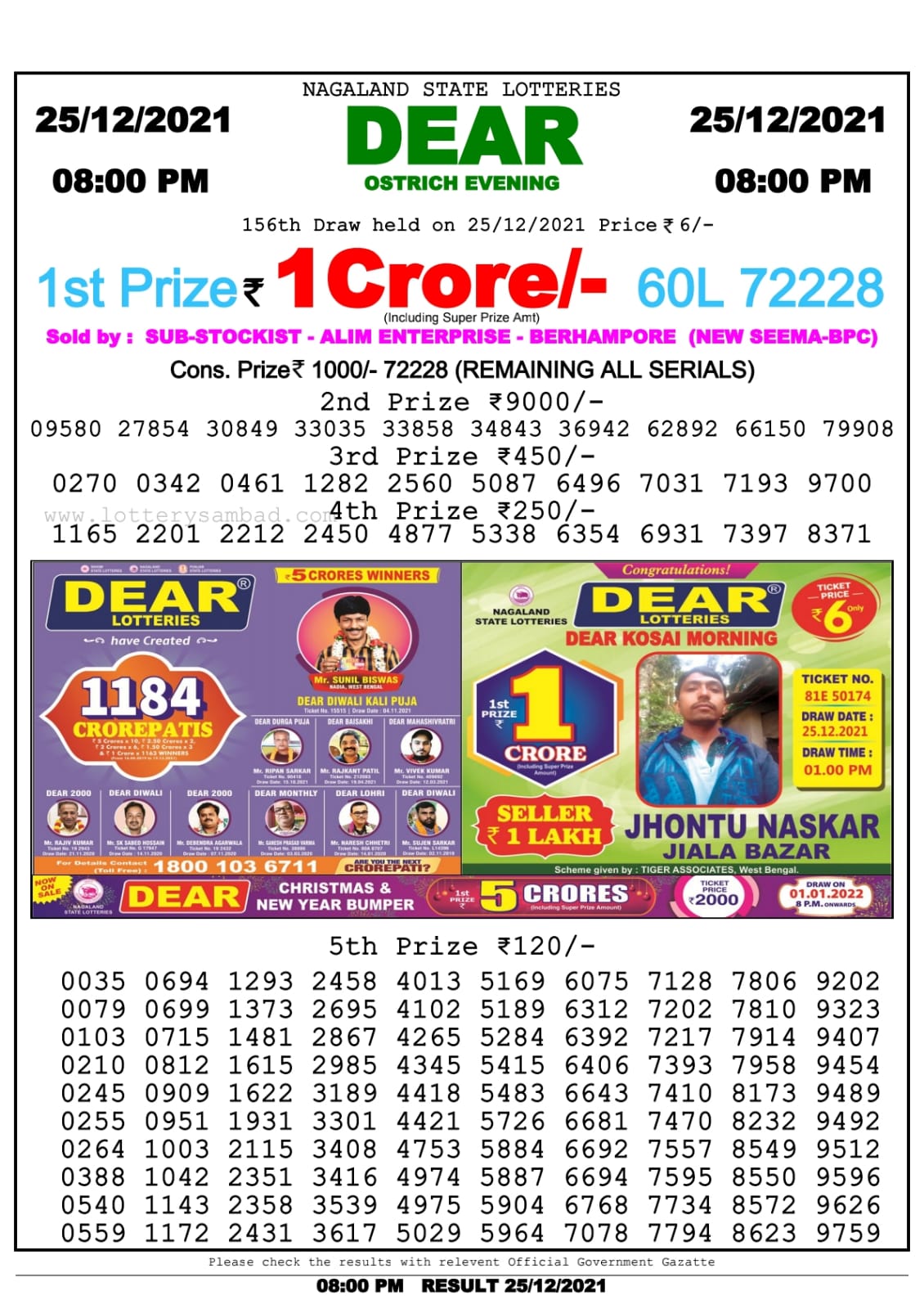 Dear Lottery Nagaland state Lottery 8.00 Pm 25/12/21