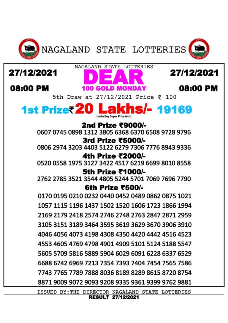 NAGALLAND STATE DEAR 100 WEEKLY LOTTERY 8 pm 27.12.2021