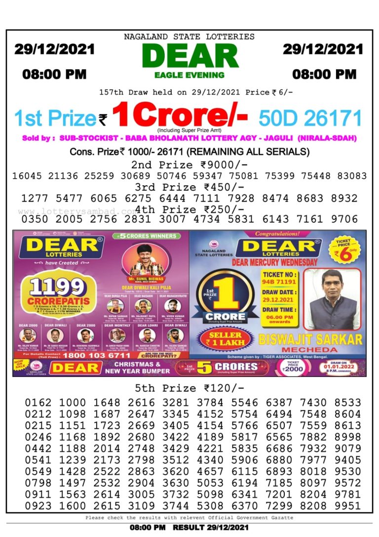 Dear Lottery Nagaland state Lottery 8.00 Pm 29/12/21